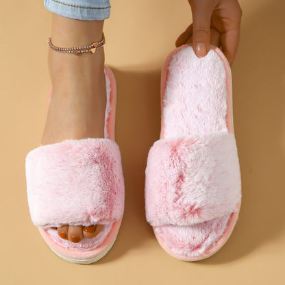 Winter Plush Open Toe Slippers, Solid Color Cozy & Warm Slip On Shoes, Comfy Indoor Floor Slippers