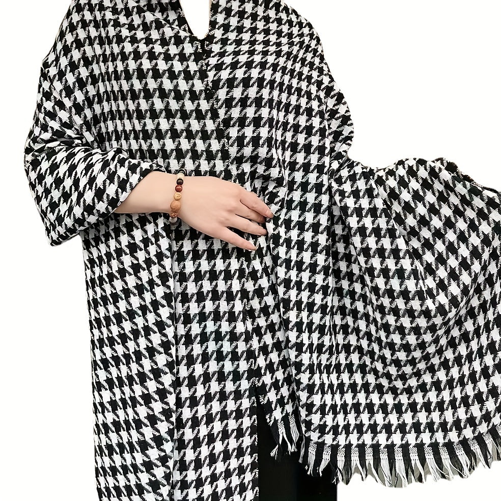 Luxurious Houndstooth Scarf Shawl - Soft, Warm & Stretchy - Cozy Tassel Wrap for Autumn Winter - Versatile Neck Protection & Coldproof Blanket Scarf, One-Size-Fits-All