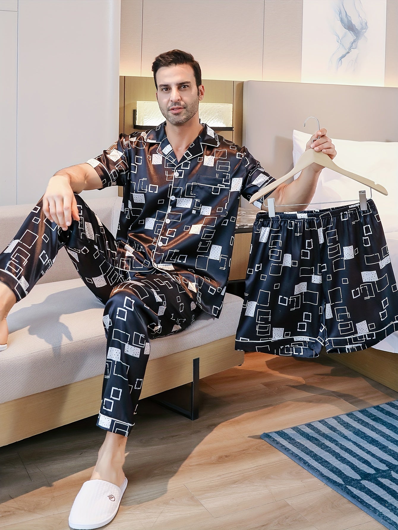 Mens 3-Piece Luxury Pajama Set - Cool Short Sleeve Shirt, Shorts & Long Pants - Breathable Ice Silk, Stylish Geometric Prints - Ultra-Soft, Comfy Lounge Wear for Summer Nights