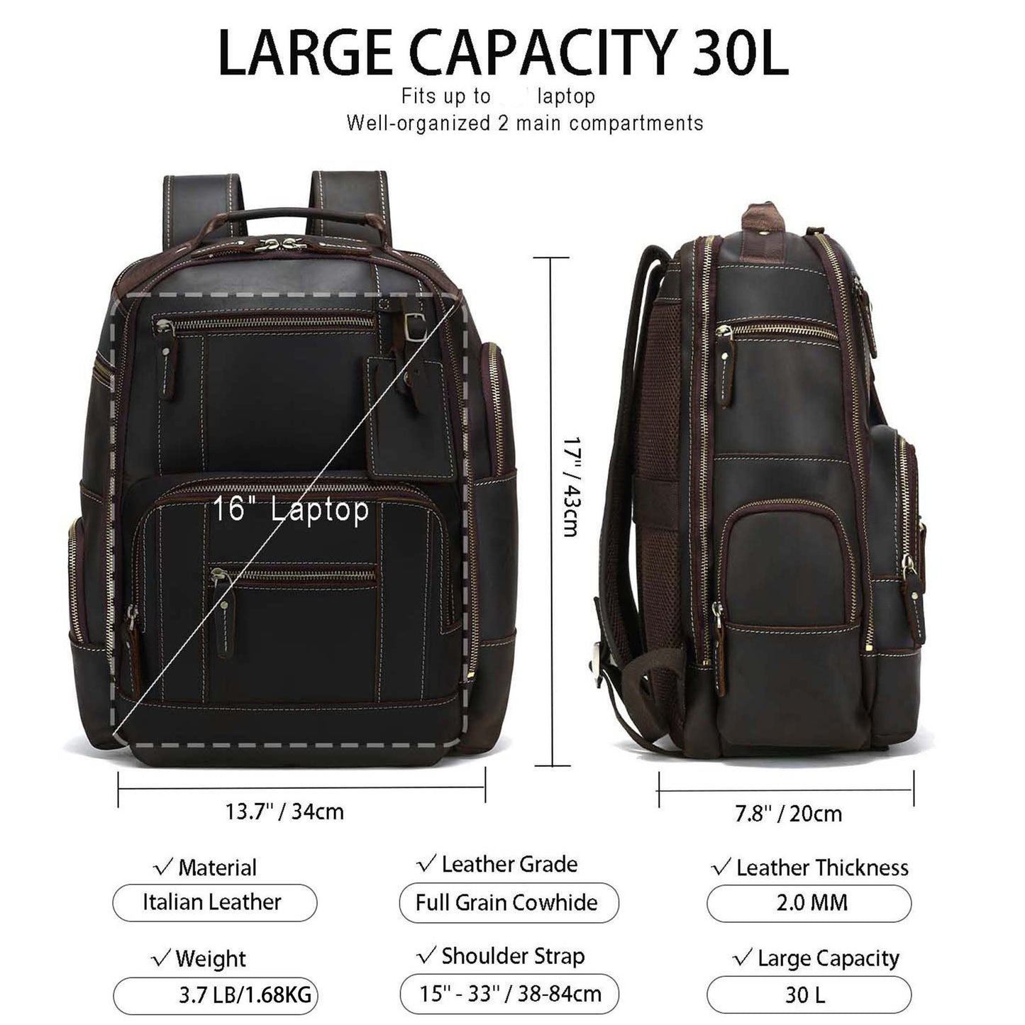 15.6" Full Grain Genuine Leather Laptop Backpack With Large Capacity For Weekender, Overnight Camping, And Travel - 7.93gal Rucksack