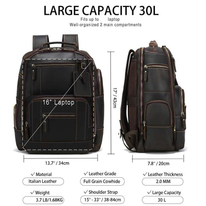 15.6" Full Grain Genuine Leather Laptop Backpack With Large Capacity For Weekender, Overnight Camping, And Travel - 7.93gal Rucksack