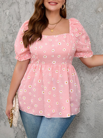 Plus Size Ruched Floral Blouse - Elegant Square Neck, Cinched Waist, Puff Sleeve, Non-Stretch Polyester Shirting - Perfect for Spring, Summer, and Fall Vacations