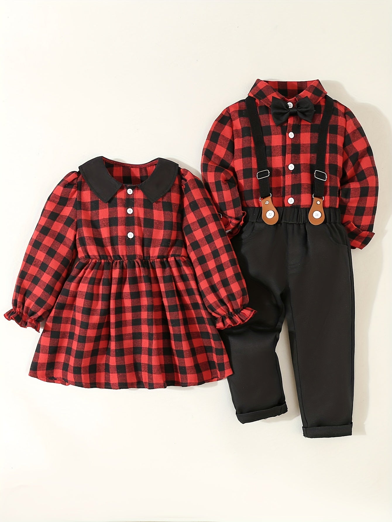 Youngsters's Brother and Sister Set, 1pc Not 2pcs, Please Purchase Boy or Girl Clothes Separately, Single Piece Girl Cute Doll Collar Red Plaid Waistline Long Sleeve Dress, 1 Set Boys Gentleman Suit Plaid Long Sleeve Shirt with Bow Tie + Casual Back Strap