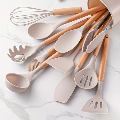 12-Piece Premium Silicone Cooking Utensils Set - Heat-Resistant, Non-Stick Friendly, Ergonomic Wooden Handle, BPA-Free Kitchen Essentials with Holder - Perfect for Cooking, Baking, Grilling, and Serving