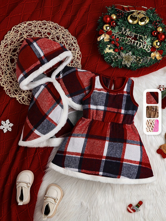 Christmas Style Toddler Baby Girl's Stylish Fleece Lined Plaid Coat + Plaid Dress Set, Warm Outfit For Fall & Winter Outdoor Clothes