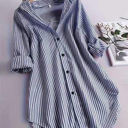 ZllKl Stripe Print Polo Collar Button Shirt, Casual Long Sleeve Shirt For Spring & Fall, Women's Clothing