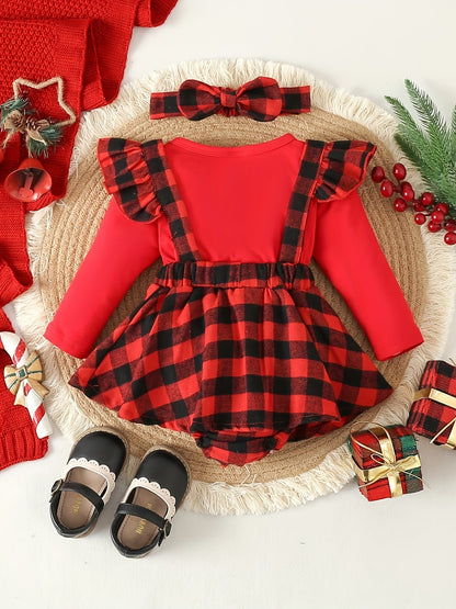 Toddler Baby Girls Christmas One-piece Romper Dress, Plaid Dress With Headband Set, Suitable For Indoor And Outdoor Wear