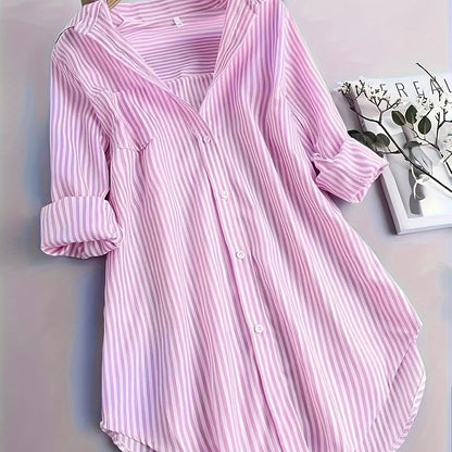 ZllKl Stripe Print Polo Collar Button Shirt, Casual Long Sleeve Shirt For Spring & Fall, Women's Clothing