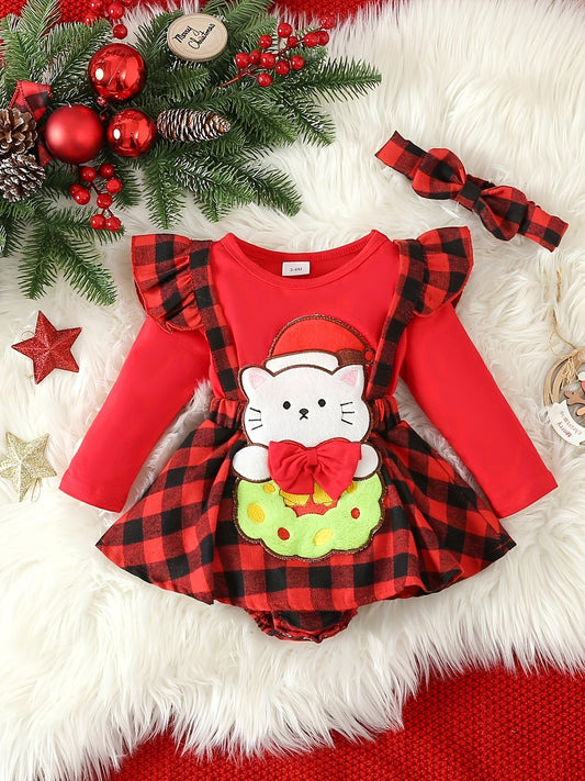 Toddler Baby Girls Christmas One-piece Romper Dress, Plaid Dress With Headband Set, Suitable For Indoor And Outdoor Wear