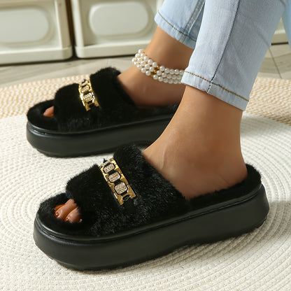 Women's Faux Fur Slides With Rhinestone Accent, Thick Sole Fluffy Slippers For Indoor/Outdoor Use, Soft Plush Open Toe House Shoes