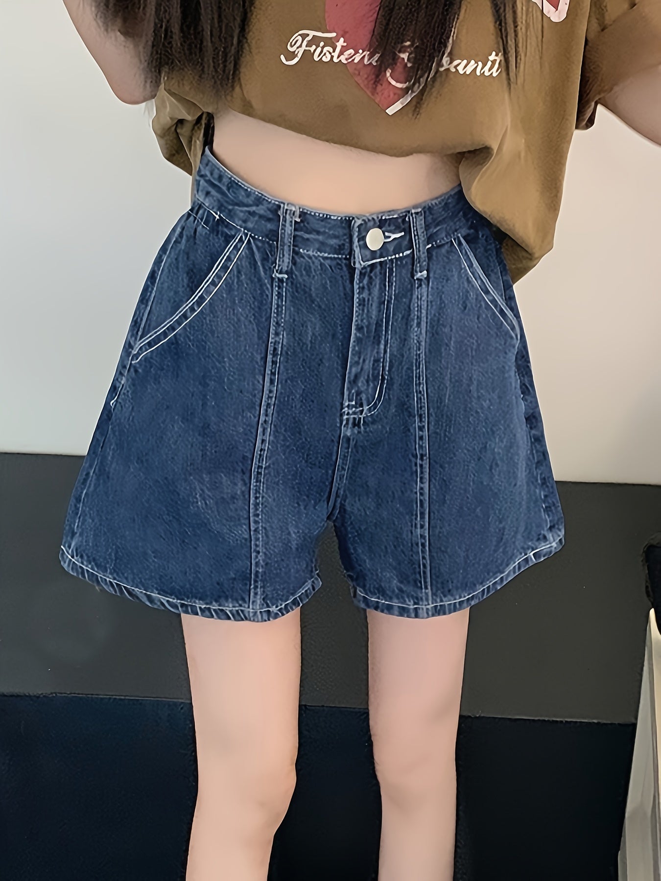 ZllKl  High-Waist Loose Fit Denim Shorts, Summer Casual Style, Plain Washed Blue Denim Shorts Trendy Fashion