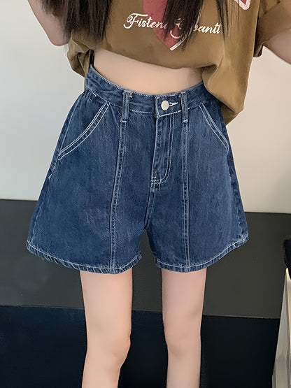 ZllKl  High-Waist Loose Fit Denim Shorts, Summer Casual Style, Plain Washed Blue Denim Shorts Trendy Fashion