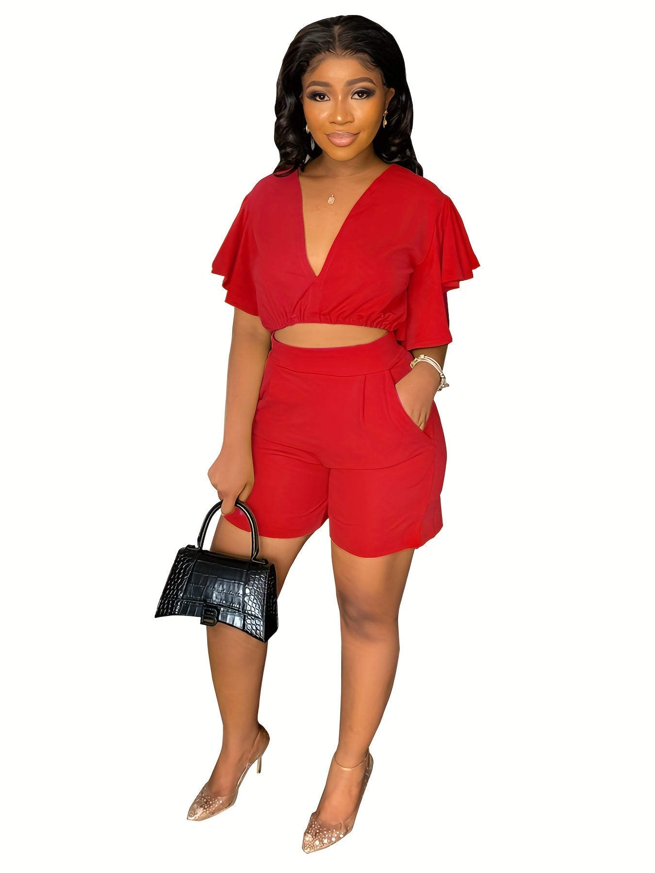 Chic Lightweight Two-Piece Set - Flirty Flutter Sleeve Crop Top & High Waist Shorts Outfit - Stretchy, Slimming Womens Clothing