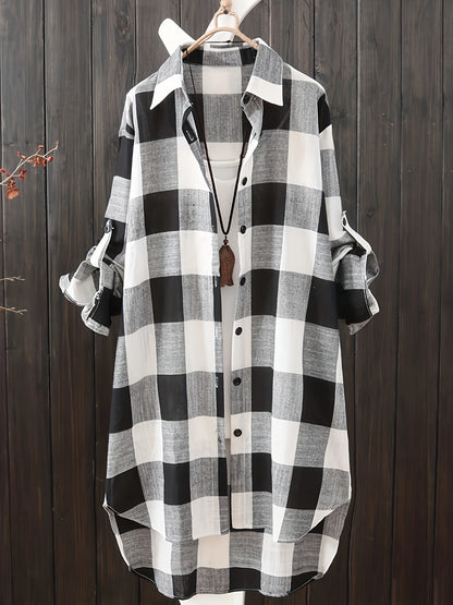 ZllKl Plus Size Casual Blouse, Women's Plus Plaid Print Button Up Roll Up Long Sleeve Lapel Collar Longline Shirt Top