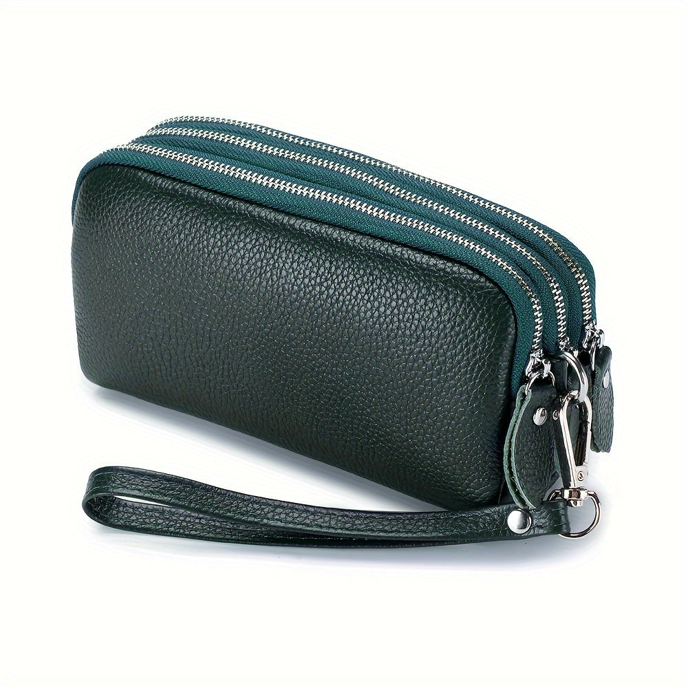 Genuine Leather Long Wallet For Women (17.48cm X 9.98cm X 3.99cm), Wristlet Zipper Coin Purse, Three Layers Mobile Phone Bag