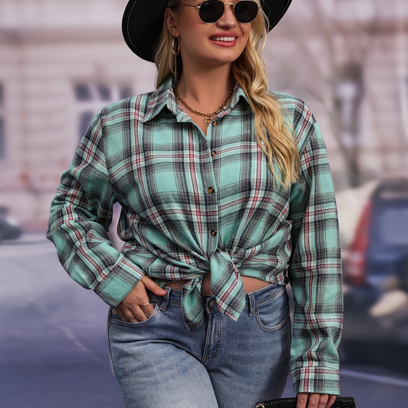 ZllKl Plus Size Plaid Print Shirt, Casual Long Sleeve Button Up Lapel Collar Loose Fit Shirt Top, Women's Plus Size Clothing