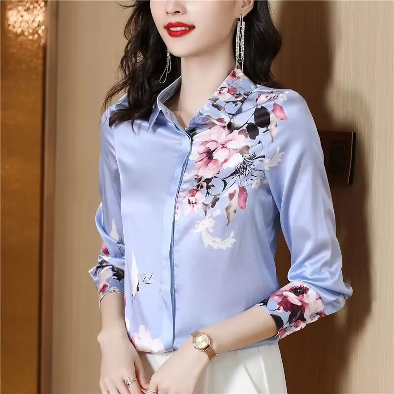 Women Fashion Print Pink Blouses Long Sleeve Vintage Ribbon Bow Shirt Ladies Classic Lapel Button Shirts Spring Autumn Woman Clothes Designer Blouse Cute Tops