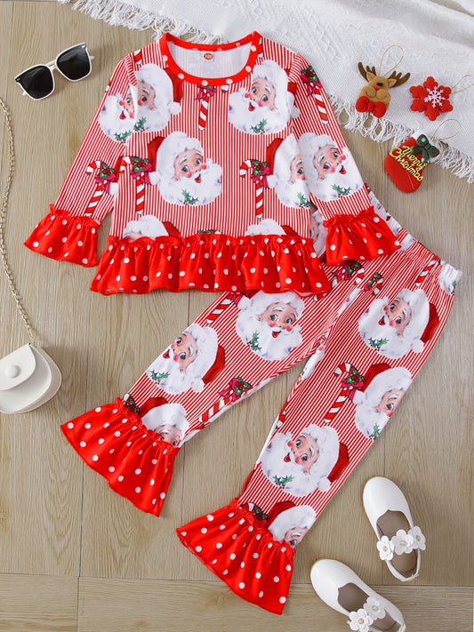 2pcs Toddler Girls Christmas Outfits Santa Claus Graphic Sets Pullover + Flare Pants Gift for Girl's Outdoor Wear