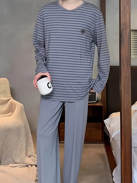 Men's Striped Pajama Set - Comfy Long Sleeve & Pants, Round Neck, Spring/Fall Loungewear