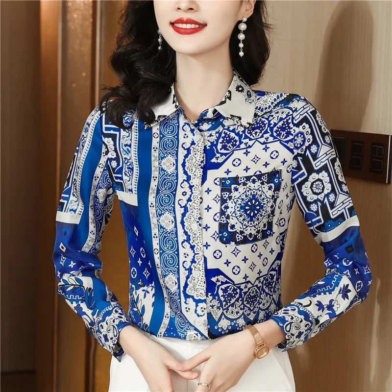 Luxury Designer Print Classic Satin Shirt Plus Size Women Fashion Long Sleeve Button Front Shirts  Spring Autumn Ladies Runway Lapel Blouse Elegant Silk Tops