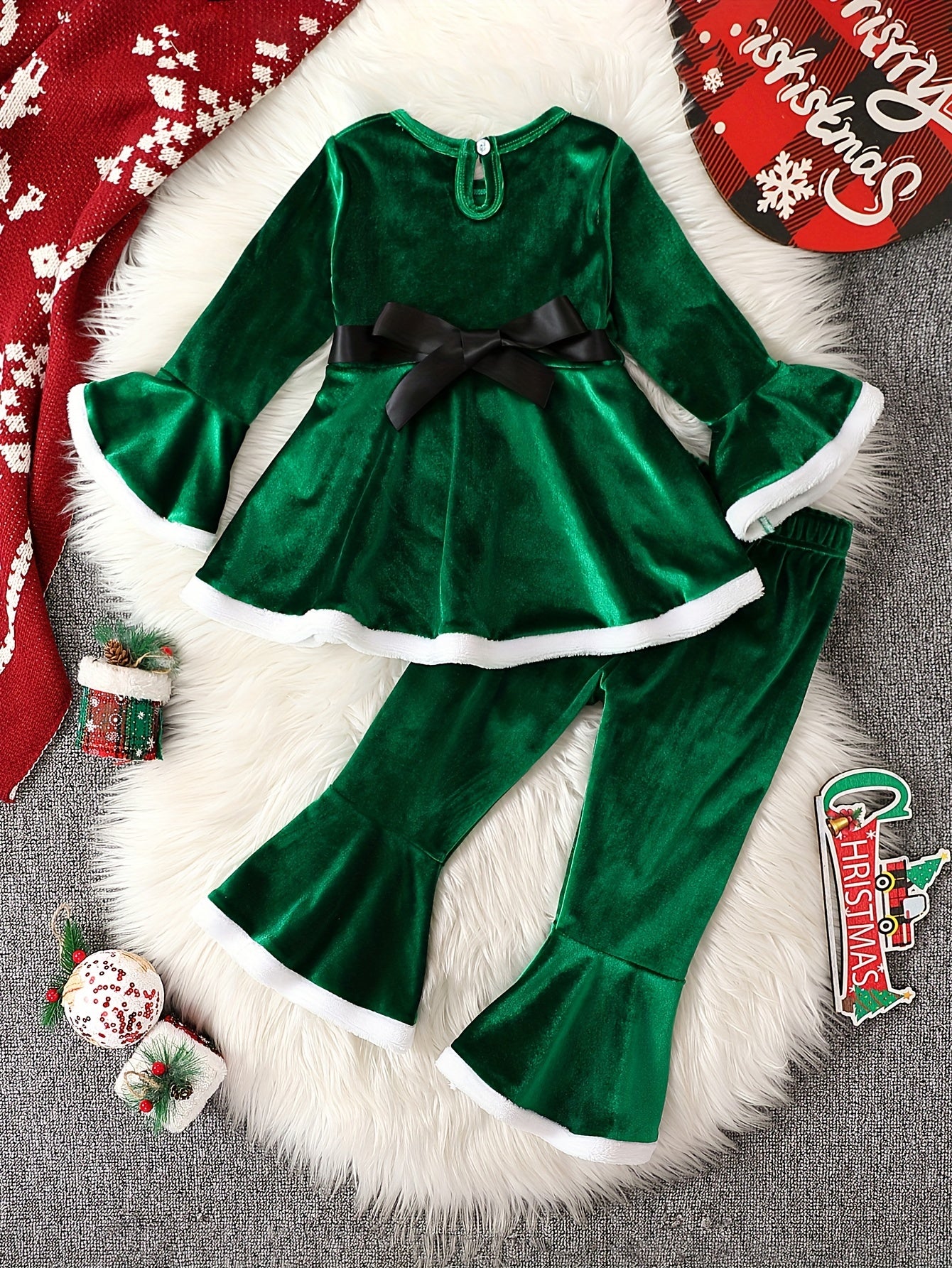 2 Pcs Toddler Girl's Christmas Outfit Set: Belted Peplum Top & Velvet Flared Pants, Santa Claus Dressed-up Clothes for Winter Fall