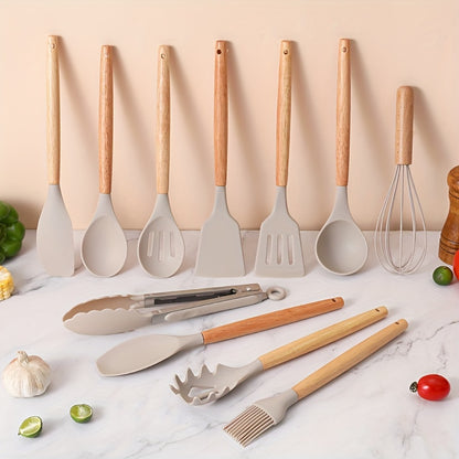 12pcs, Silicone Utensil Set, Khaki Kitchen Utensil Set With Wooden Handle, Safety Cooking Utensils Set, Non-Stick Kitchen Tools Set, Washable Modern Cookware, Kitchen Stuff, Kitchen Gadgets