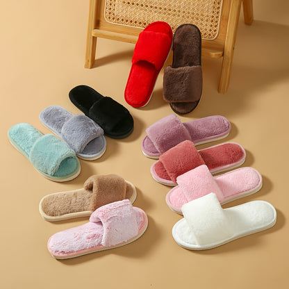 Winter Plush Open Toe Slippers, Solid Color Cozy & Warm Slip On Shoes, Comfy Indoor Floor Slippers