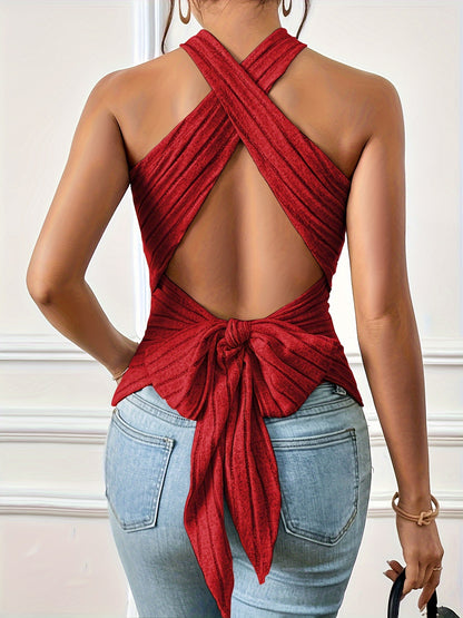 ZllKl Crisscross Tie Backless Halter Top, Sexy Solid Color Ribbed Sleeveless Top For Spring & Summer, Women's Clothing