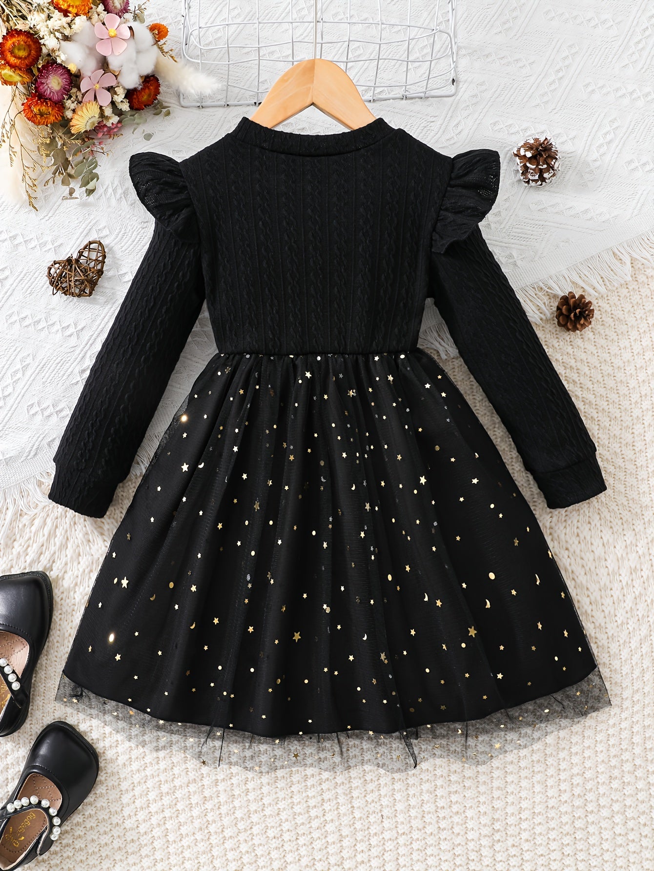 For Toddler Girls, Vintage Sequin Flutter Trim Long Sleeve Tutu Dress for Spring, Fall, Christmas Party Gift