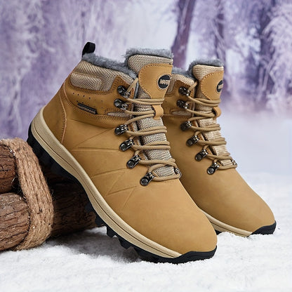 Men's High Top Solid Snow Boots, Warm Fleece Cozy Non-slip Ankle Boots Plush Comfy Outdoor Hiking Shoes Lined Trekking Shoes, Winter