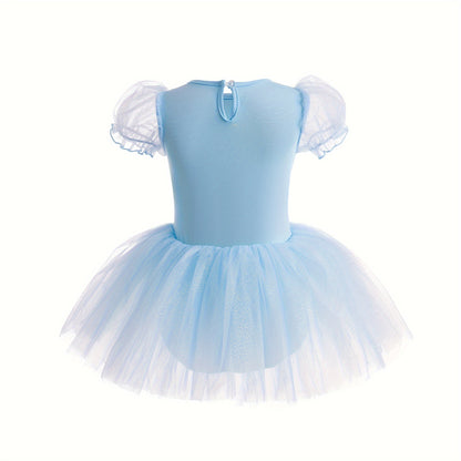 Sequins Embroidered Girls Ballet Dance Dress, Bubble Mesh Sleeve 1-piece Bodysuit Photograph Performance Dance Leotard