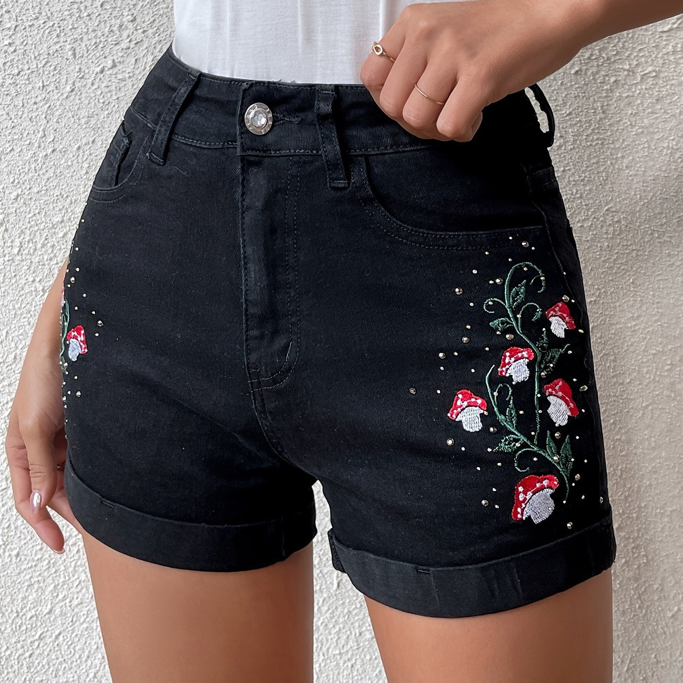 ZllKl  Mushroom Plant Embroidery Cute Denim Shorts, Roll Up Hem Slash Pocket Denim Shorts, Women's Denim Jeans & Clothing