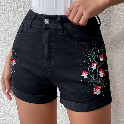 ZllKl  Mushroom Plant Embroidery Cute Denim Shorts, Roll Up Hem Slash Pocket Denim Shorts, Women's Denim Jeans & Clothing