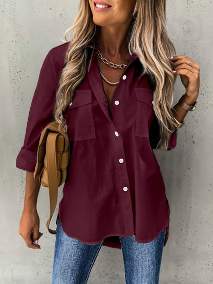 ZllKl Button Front Long Sleeve Shirt, Casual Solid Office Shirt With Collar, Women's Clothing