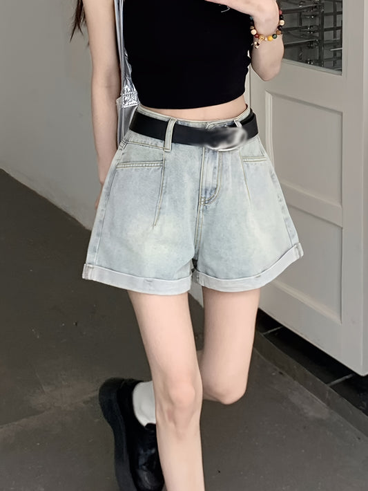 ZllKl  High Waist Casual Denim Shorts, Rolled Hem Loose Fit Short Denim Pants, Women's Denim Jeans & Clothing