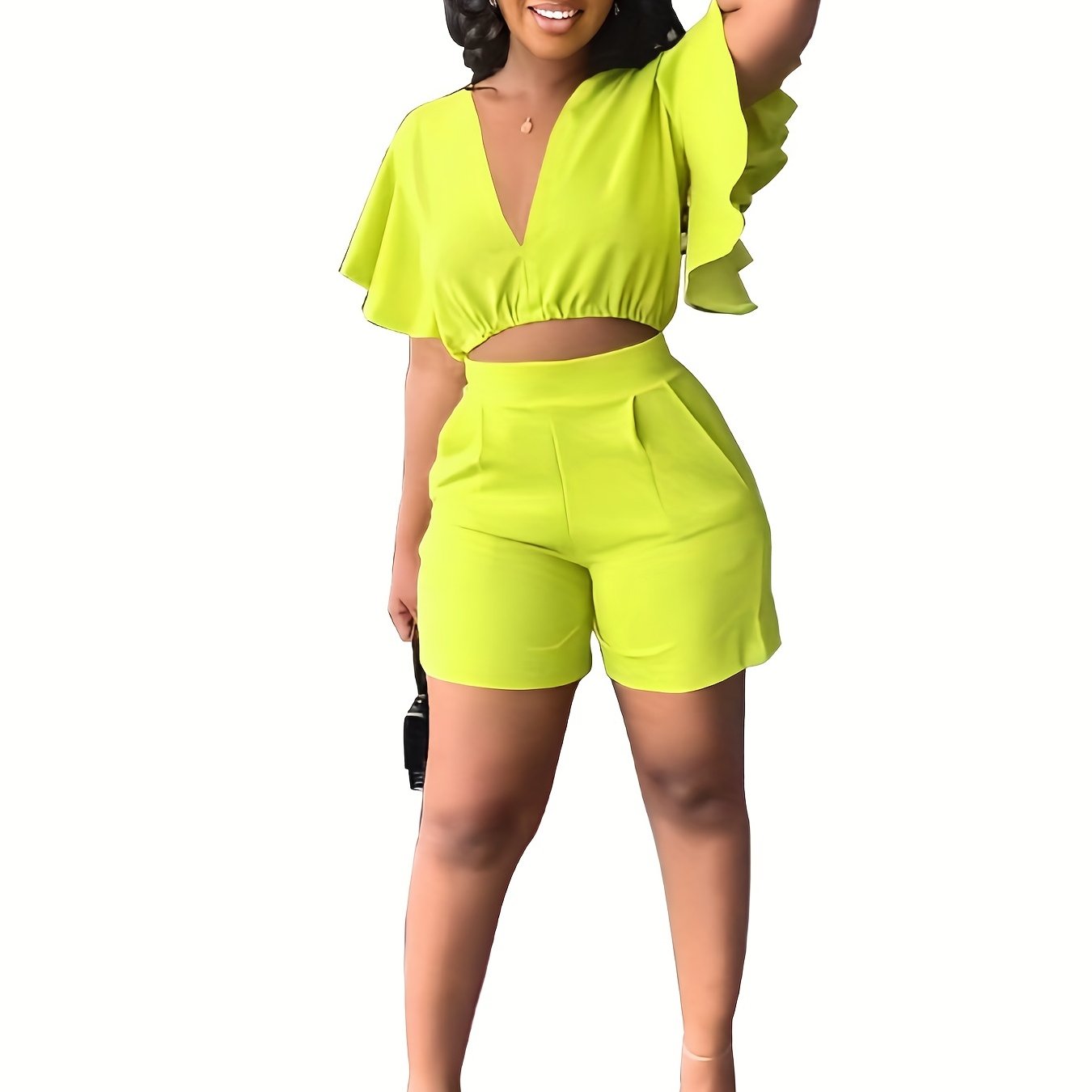 Chic Lightweight Two-Piece Set - Flirty Flutter Sleeve Crop Top & High Waist Shorts Outfit - Stretchy, Slimming Womens Clothing