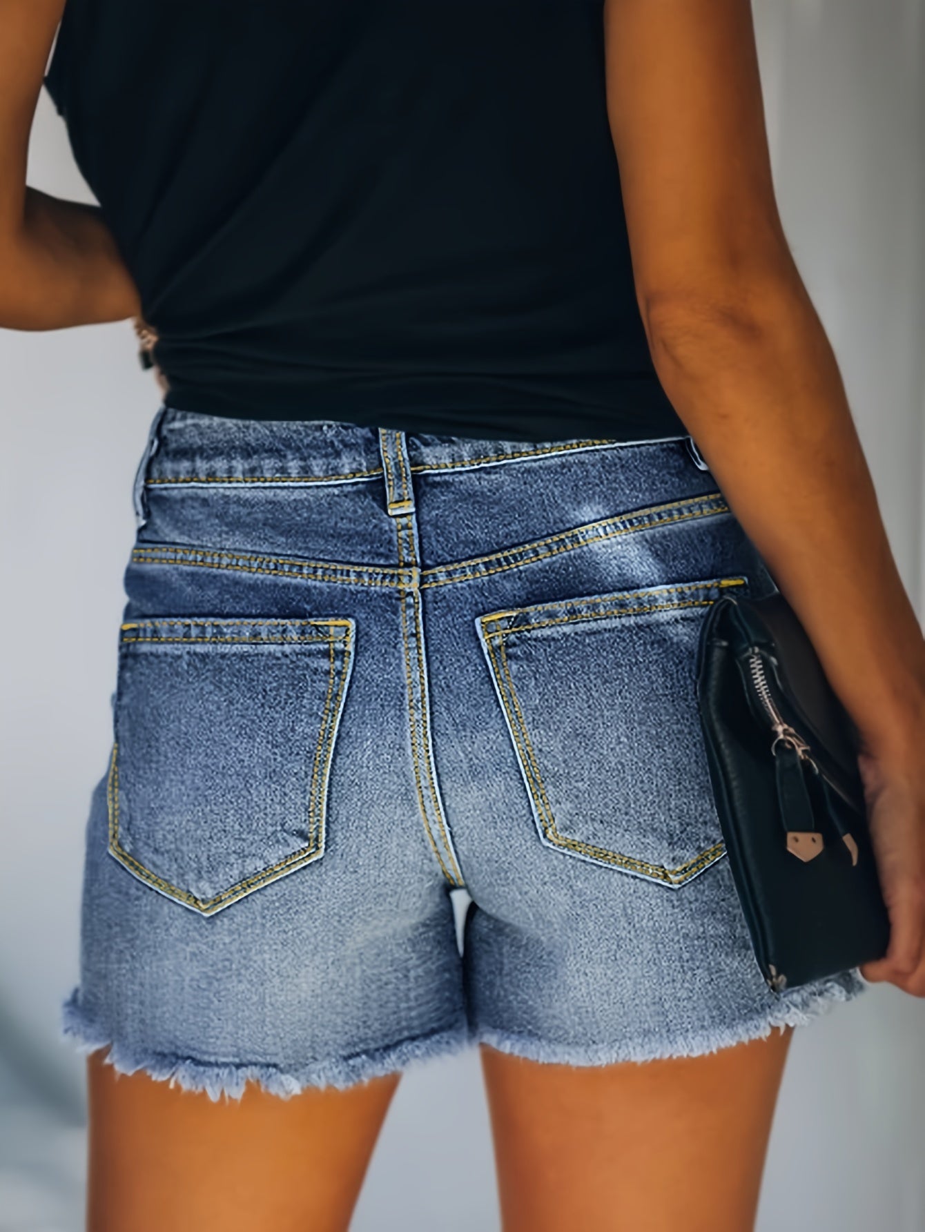 ZllKl  Ripped Raw Hem Whiskering Denim Shorts, Stretchy Distressed Slash Pocket Denim Shorts, Women's Denim Jeans & Clothing