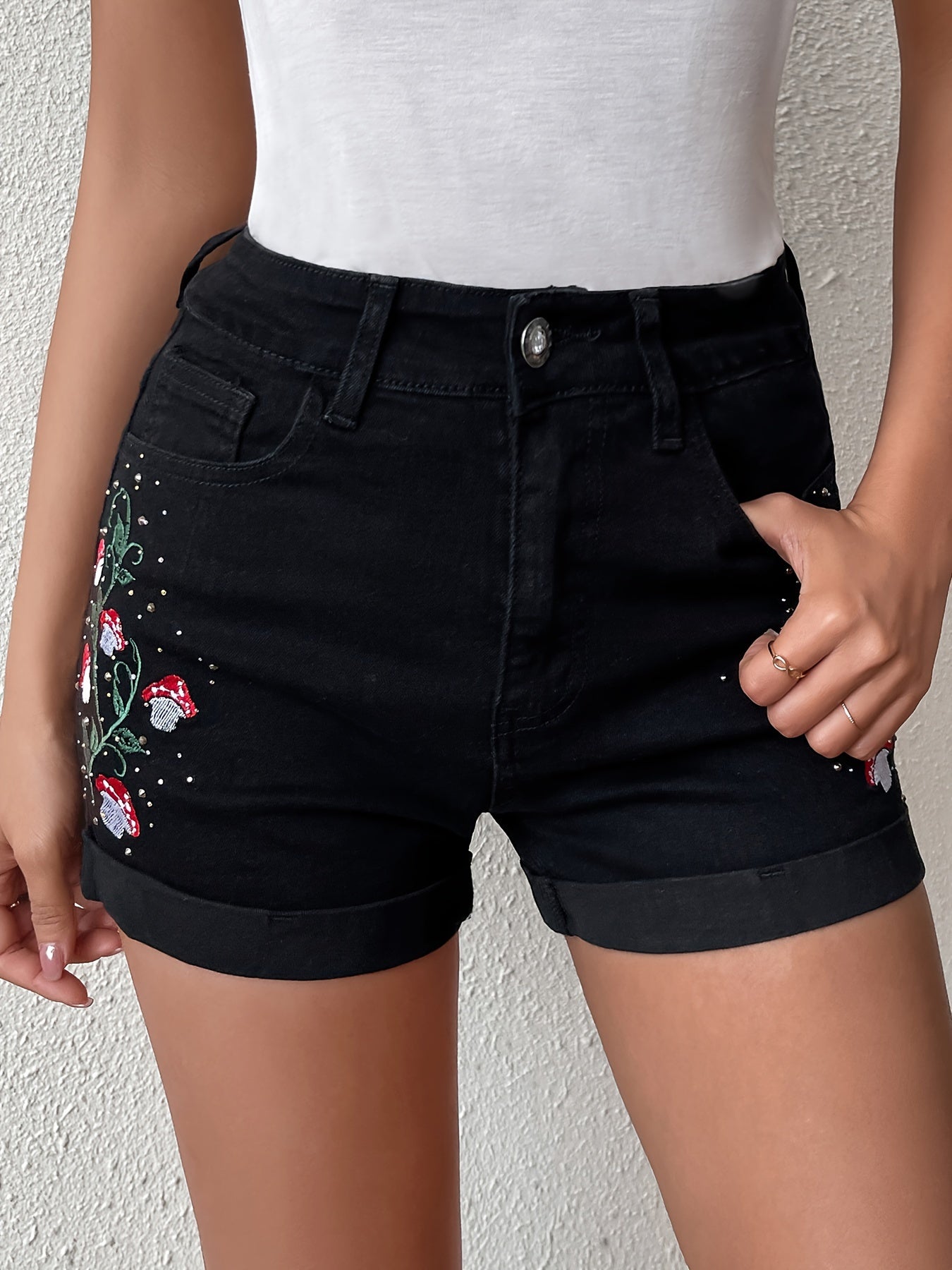 ZllKl  Mushroom Plant Embroidery Cute Denim Shorts, Roll Up Hem Slash Pocket Denim Shorts, Women's Denim Jeans & Clothing