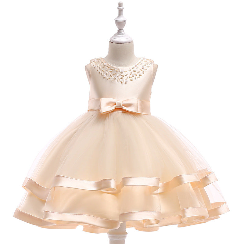 ZllKl  Foreign Trade New Host's Dress Children's Wedding Dress Handmade Beaded Princess Dress Girl's Gown One Piece Dropshipping