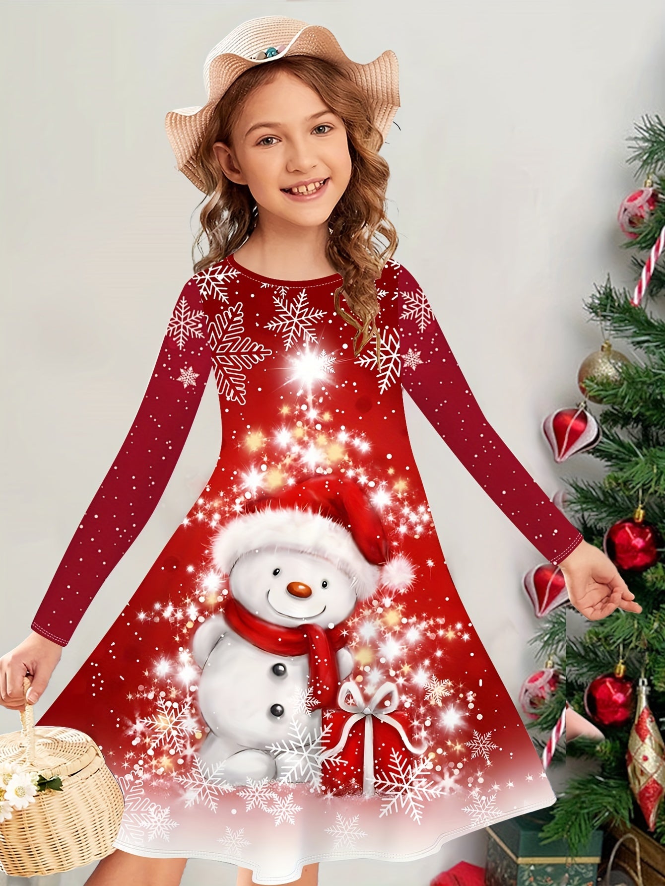 Girls' Christmas Snowman 3D Print Long Sleeve Dress, Knitted Polyester Fabric, Casual Style, Regular Fit, Stretchy, Cartoon Pattern, for Kids, Autumn/Winter Season