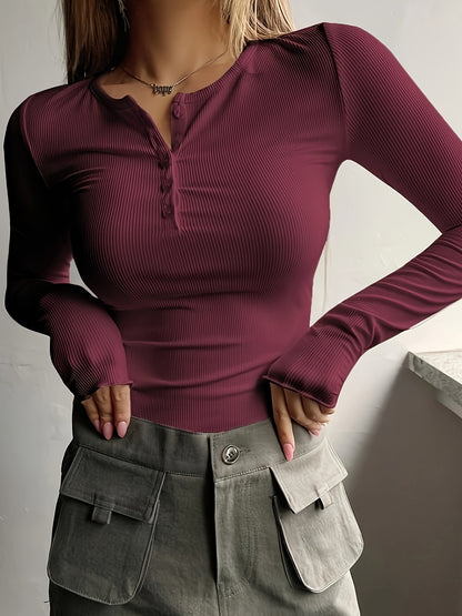 Chic Ribbed Keyhole Neckline Top – Women's Long Sleeve Knit T-Shirt, Perfect for Spring/Fall, Easy-Care & Comfy