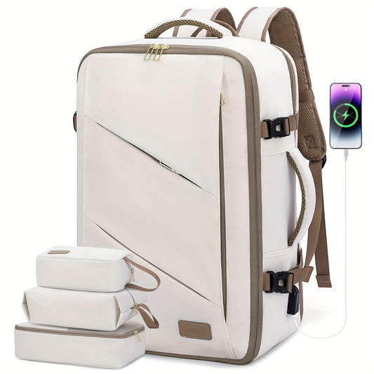 17-Inch Laptop Travel Backpack for Women - Spacious, Water-Resistant, and Flight-Approved with 3 Packing Cubes, Buckle Closure, and Adjustable Shoulder Straps - Beige-Khaki Color with Polyester Lining and Hand Wash Instruction