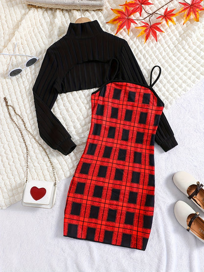 2pcs Elegant Ribbed Long Sleeve Cropped Top + Plaid Cami Dress Set Spring Fall Christmas Gift, girl's outdoor activities