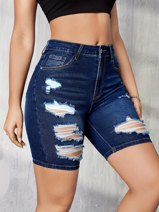 ZllKl  Ripped Raw Hem Bermuda Denim Shorts, Distressed Washed Blue Slim Fit Denim Shorts, Women's Denim Jeans & Clothing