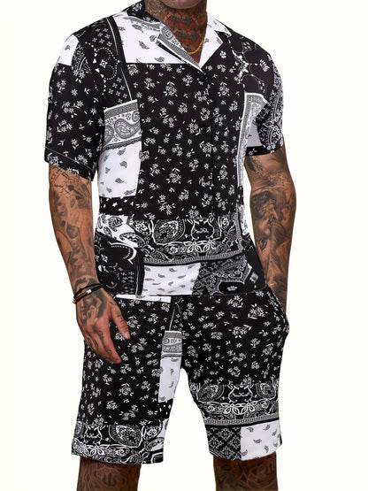 Fashionable Mens Paisley Print Short Sleeve Shirt & Shorts Set - Comfortable Resort-Ready Loungewear for Stylish Getaways - Two-Piece Ensemble