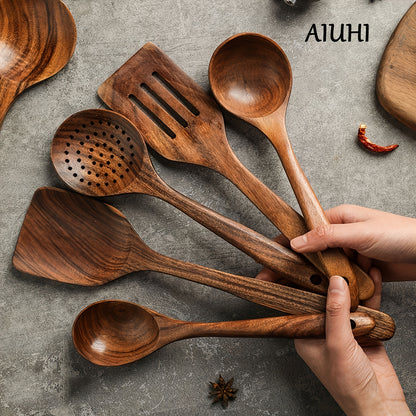 5pcs Wooden Cooking Spoon Set Wok Turners Natural Teak Wooden Utensil Kitchen Spatula Set Skimmer Spoon Wood Turner Cutlery Set Wooden Spatula Soup Scoops Teak Suite