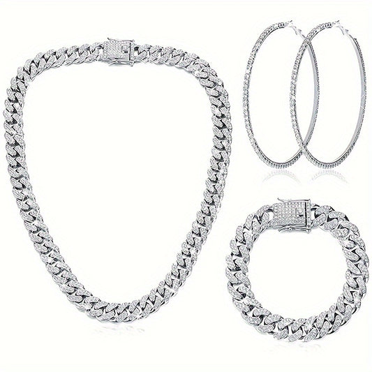 3 piece set Cuban chain necklace bracelet rhinestone earrings sparkling necklace bracelet crystal large round earrings jewelry gift