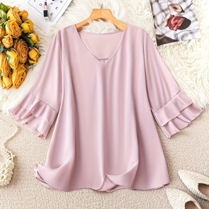 Plus Size Elegant V-Neck Ruffle Trim Shirting Blouse - Soft Polyester Non-Stretch Fabric, Casual Half Sleeve Design for Spring & Summer, Hand Wash Only, Womens Plus Size Clothing for Middle East Collection