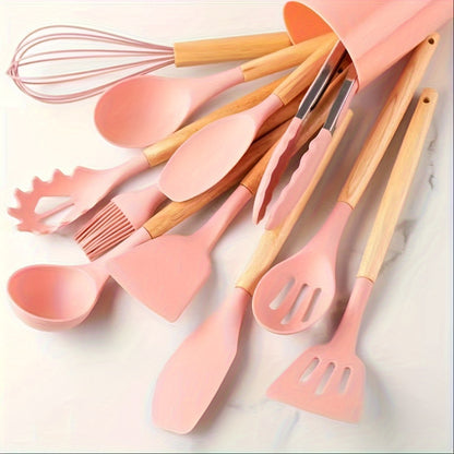 12pcs, Silicone Utensil Set, Khaki Kitchen Utensil Set With Wooden Handle, Safety Cooking Utensils Set, Non-Stick Kitchen Tools Set, Washable Modern Cookware, Kitchen Stuff, Kitchen Gadgets