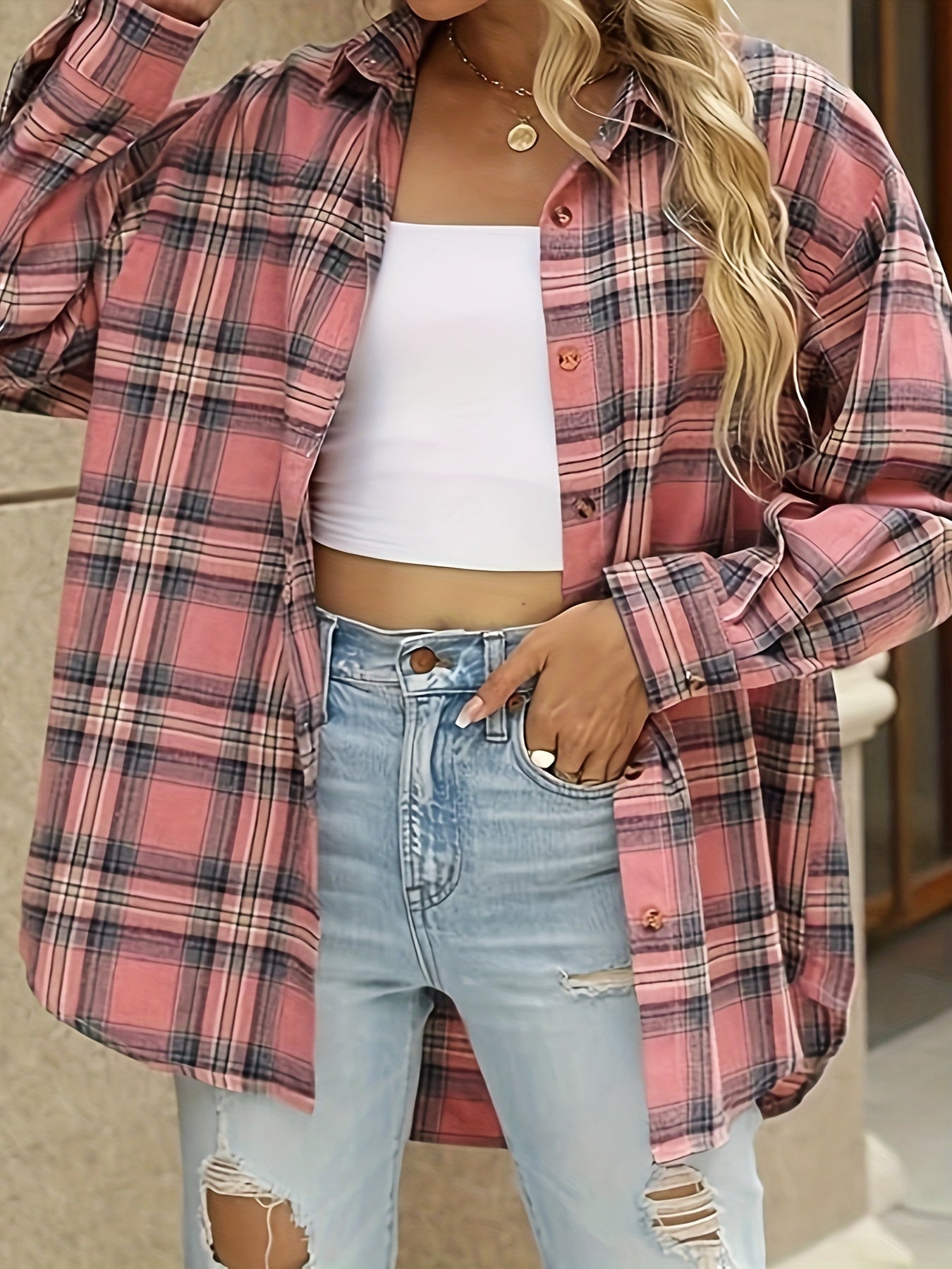 ZllKl Plus Size Plaid Print Shirt, Casual Long Sleeve Button Up Lapel Collar Loose Fit Shirt Top, Women's Plus Size Clothing